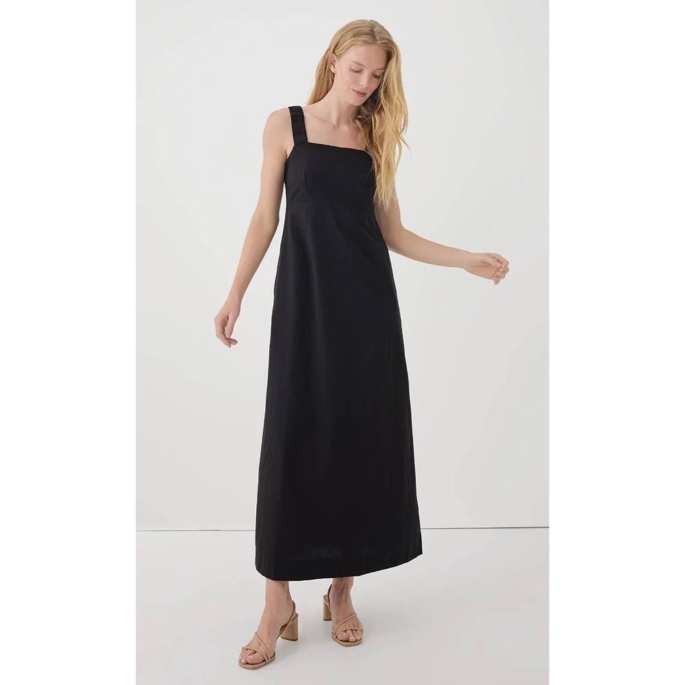 Pact Canopy Linen Blend Tank Dress Women Medium Black Smocked Maxi Lagenlook